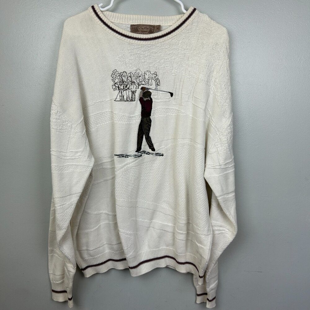 Shenandoah Sweater‎ Mens XL White Long Sleeve Crew Fisherman Embroidered Golfer